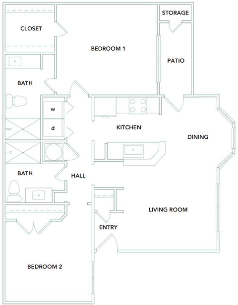 2 bedroom 2 bathroom 1051 sq ft Floorplan at The Aster Sugar Land Apartments, Sugar Land, Texas